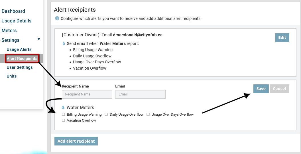 Screenshot showing how to add more alert recipents