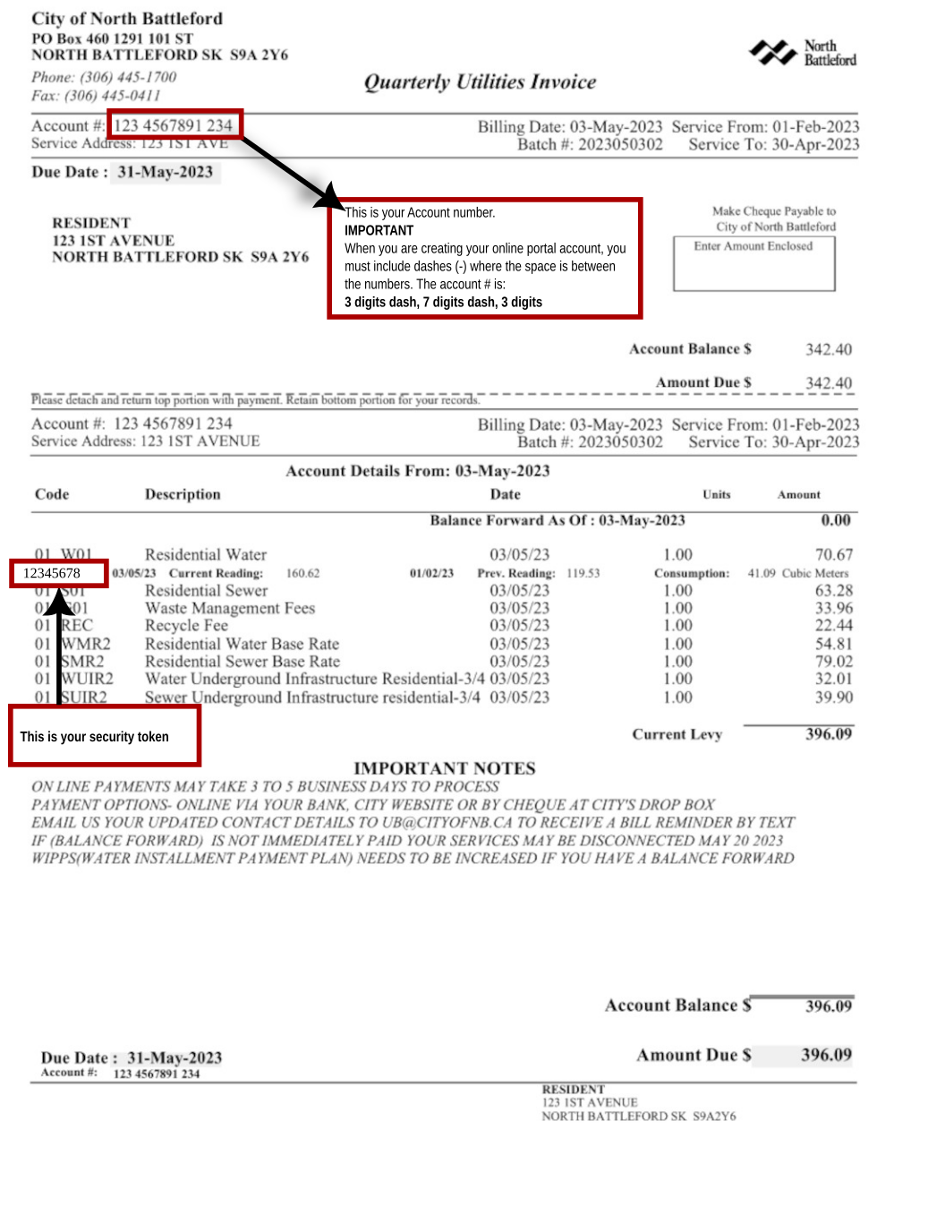 A utility bill showing you where to find your acount number and security token