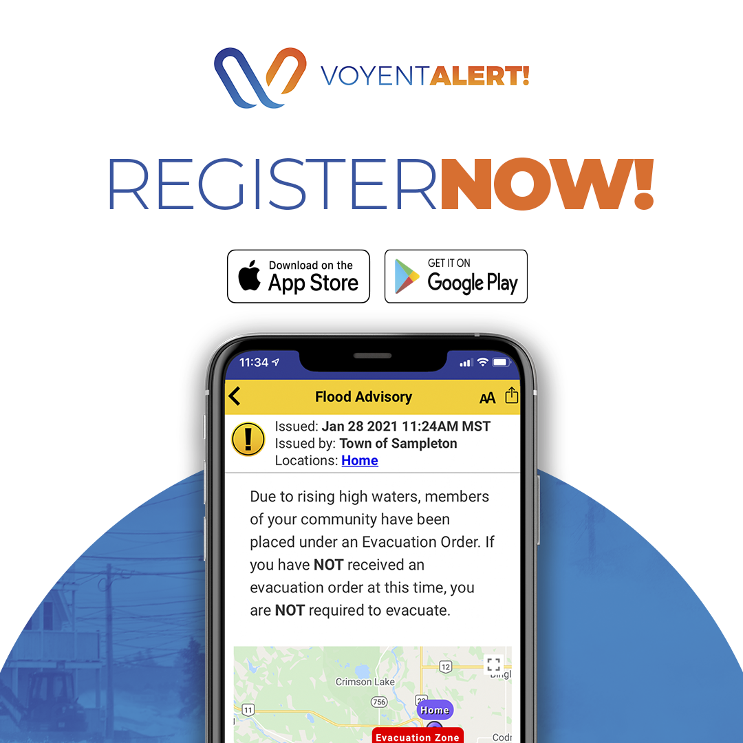 Voyent Alert on a cellphone encouraing people to sign up for the service.