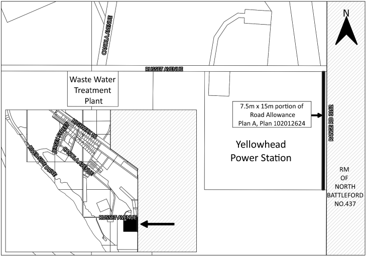Map showing Yellowhead Power Station, wastewater treatment plant, road allowance, and inset with arrow.