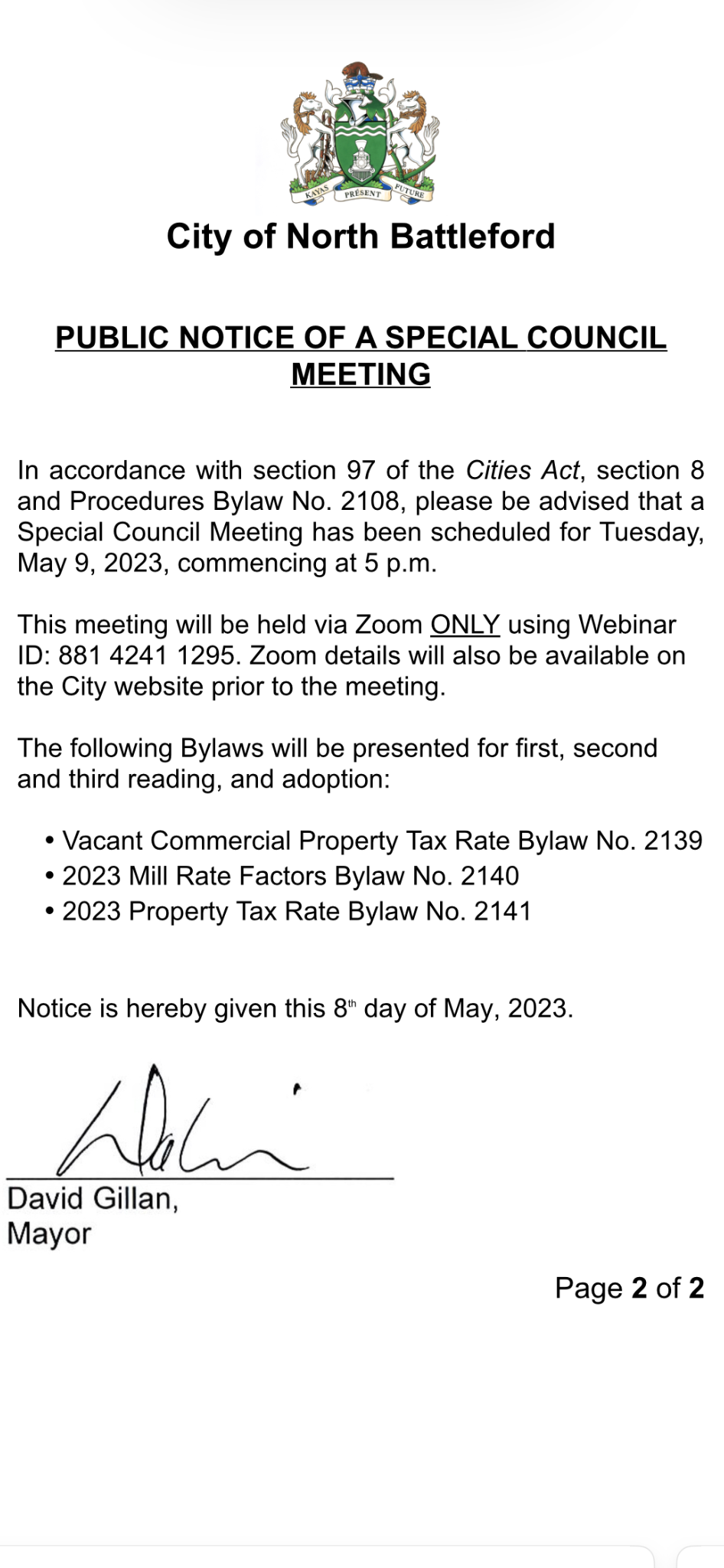 Image of Notice of Special Council Meeting - May 9, 2023