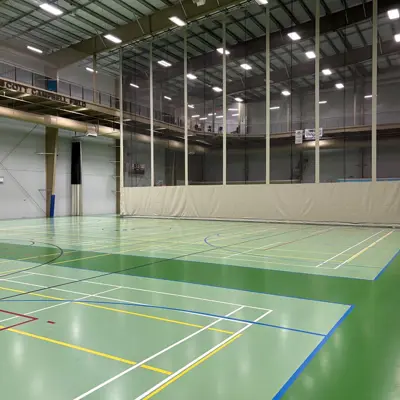 Indoor gymnasium with green courts, high ceiling, hanging lights, and badminton/volleyball lines.