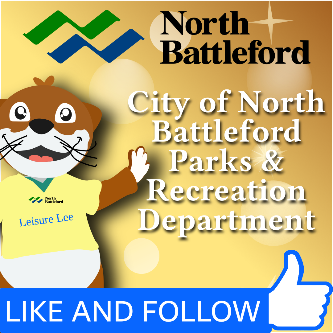 A cartoon otter mascot in a yellow shirt with "Leisure Lee" text, promoting North Battleford parks.