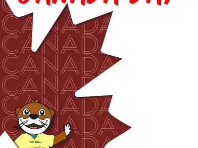 Leisure Lee, Parks and Recreation mascot, celebrates Canada Day with a maple leaf backdrop.