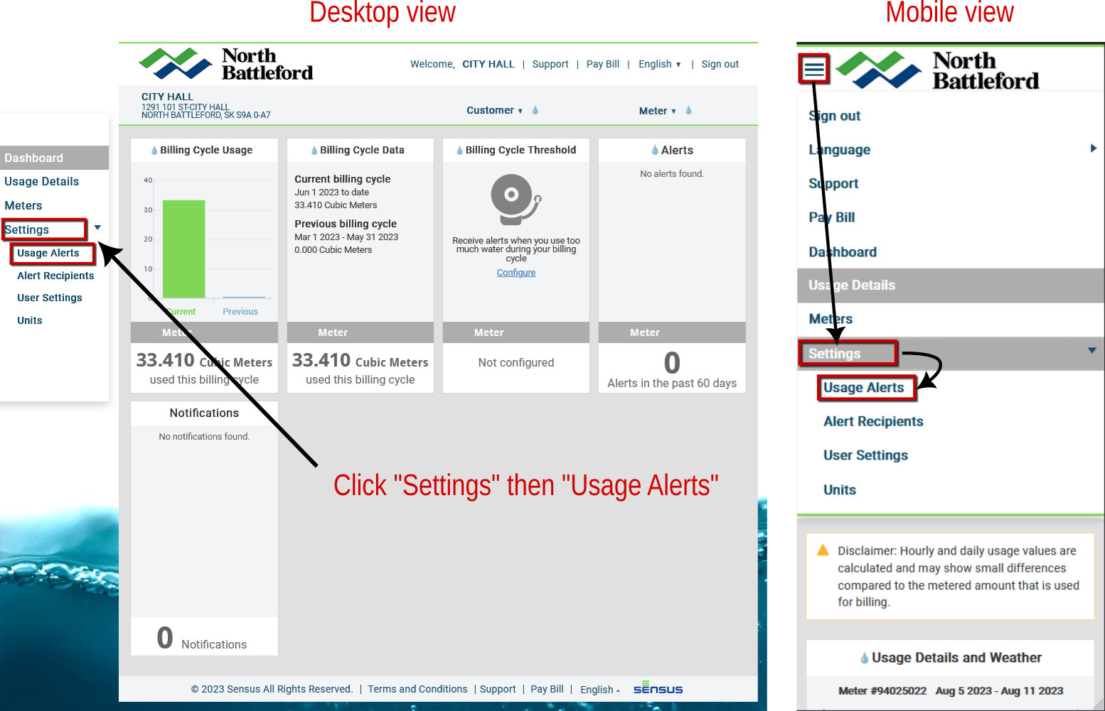 Screenshots of the desktop and mobile view showing where to click usage alerts