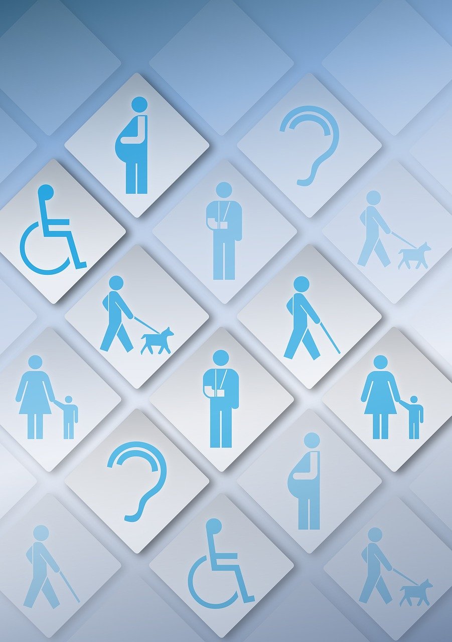Accessibility icons representing various needs, including disability support and assistance animals.